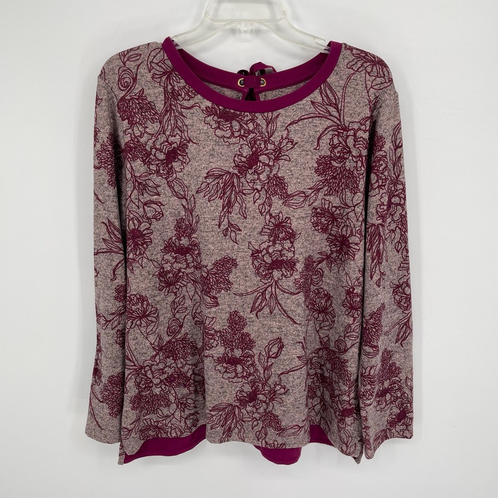 St John's Bay Women's Burgundy Floral Stretch Long Sleeve Pullover Top Size XL